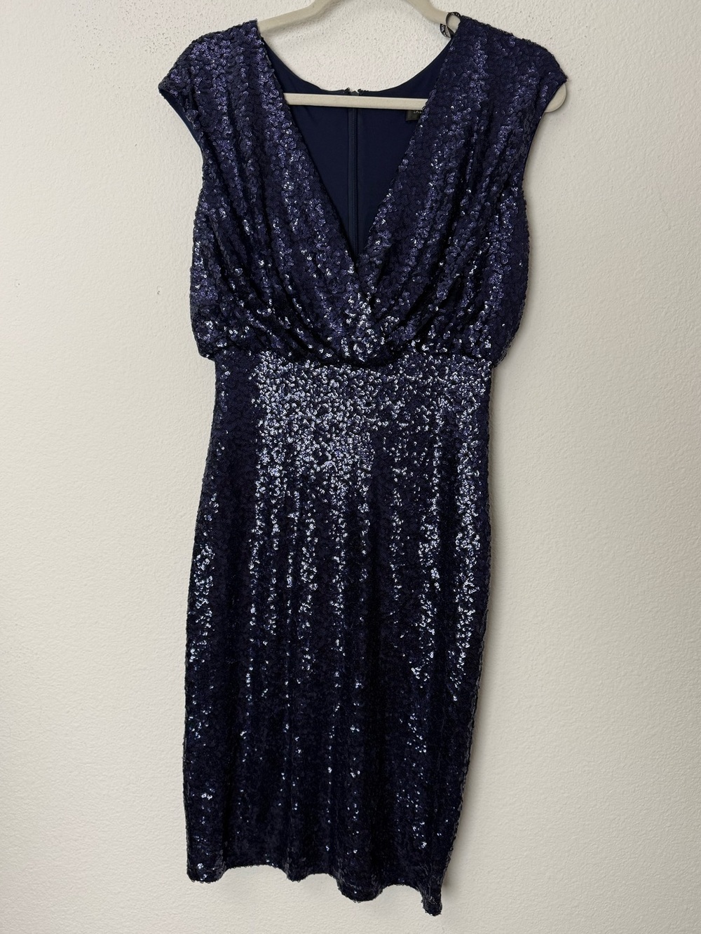 Tadashi Shoji Navy Blue Sequin Midi Dress XS Draped Cocktail Formal